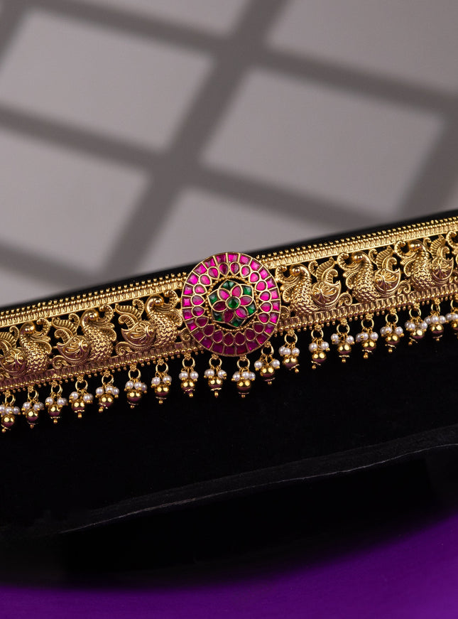 Antique hip belt peacock design with kemp jadau stones and pearl & golden beads hangings