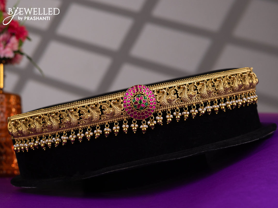 Antique hip belt peacock design with kemp jadau stones and pearl & golden beads hangings