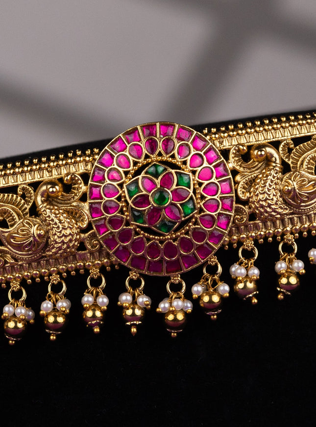 Antique hip belt peacock design with kemp jadau stones and pearl & golden beads hangings