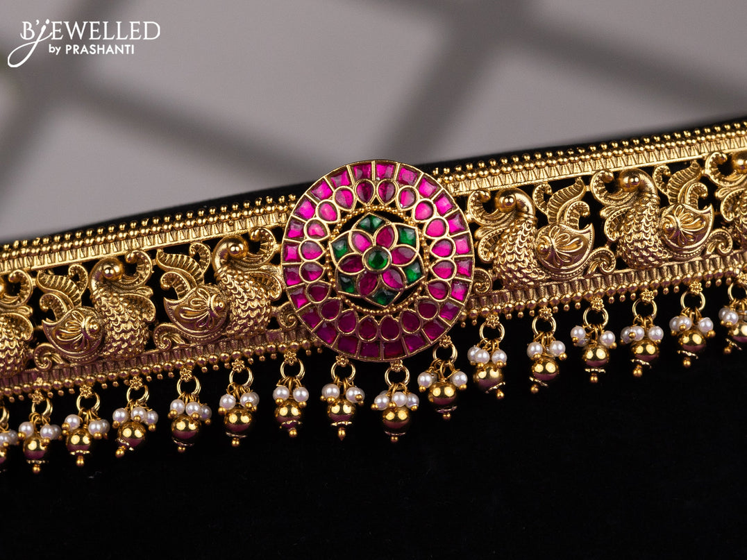 Antique hip belt peacock design with kemp jadau stones and pearl & golden beads hangings