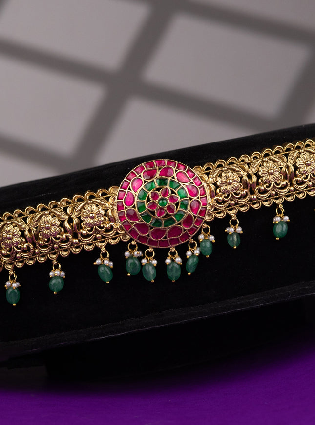 Antique hip belt floral design with kemp jadau stones and pearl & green beads hangings