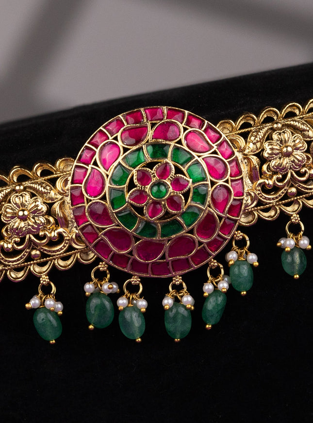 Antique hip belt floral design with kemp jadau stones and pearl & green beads hangings