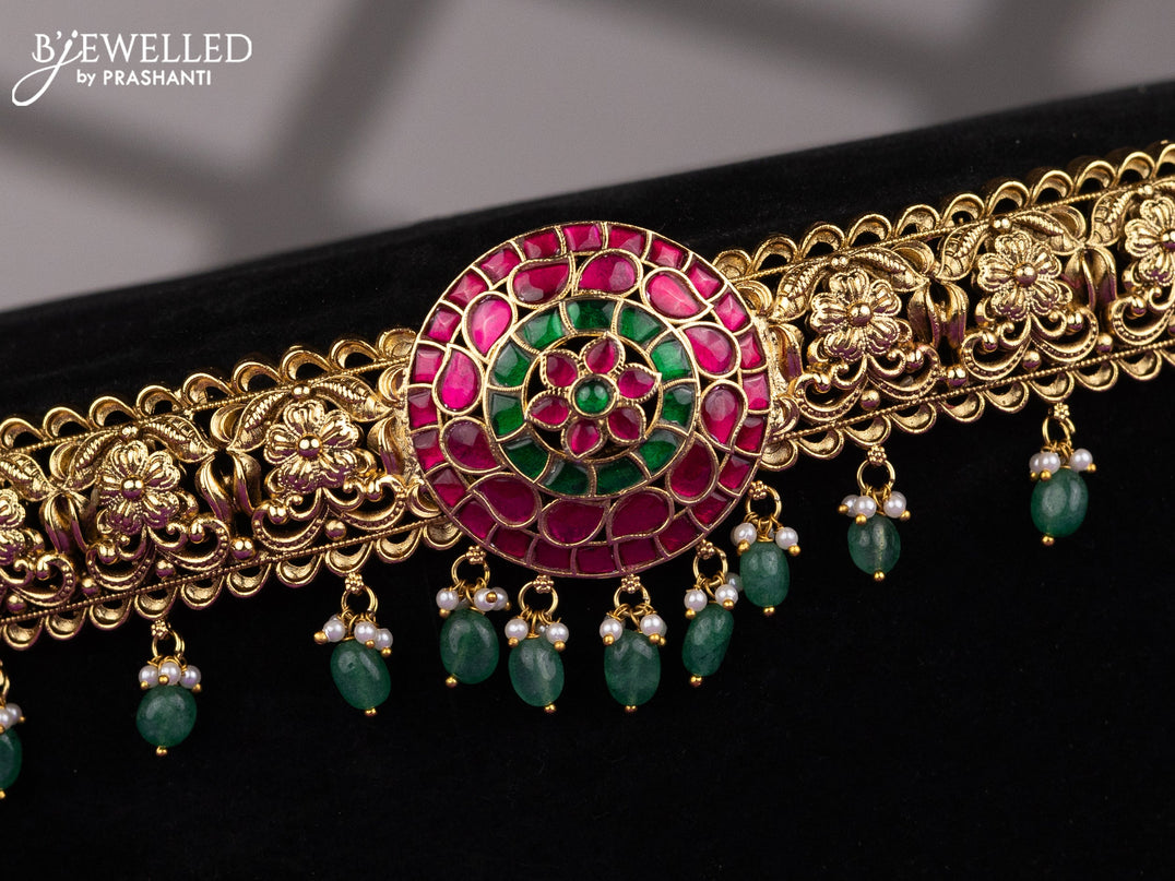 Antique hip belt floral design with kemp jadau stones and pearl & green beads hangings