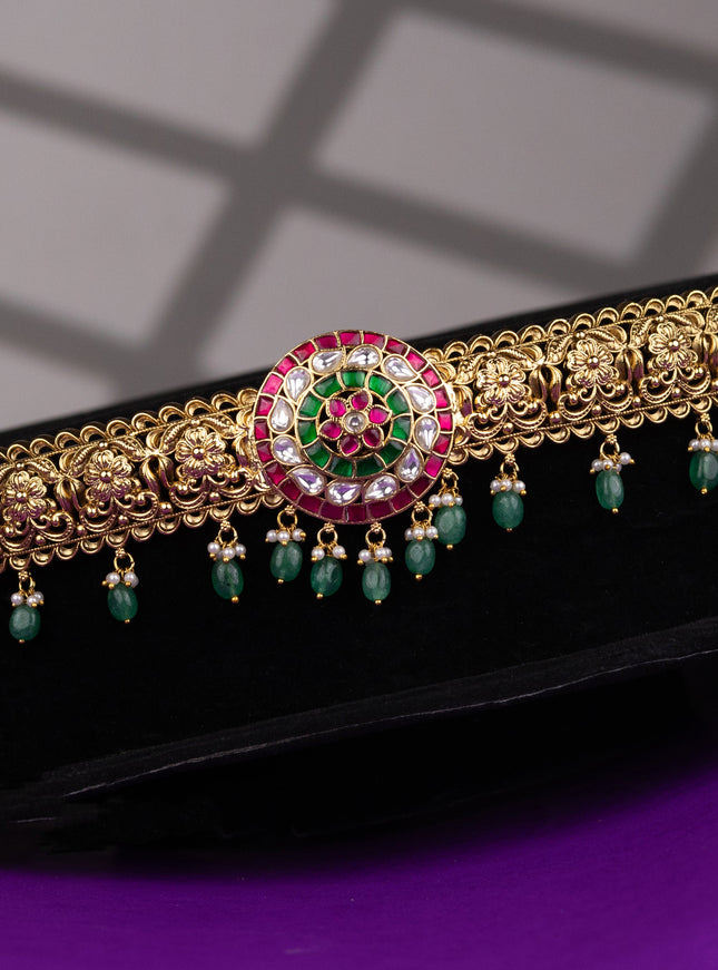 Antique hip belt floral design with kemp jadau kundan stones and pearl & mint green beads hangings
