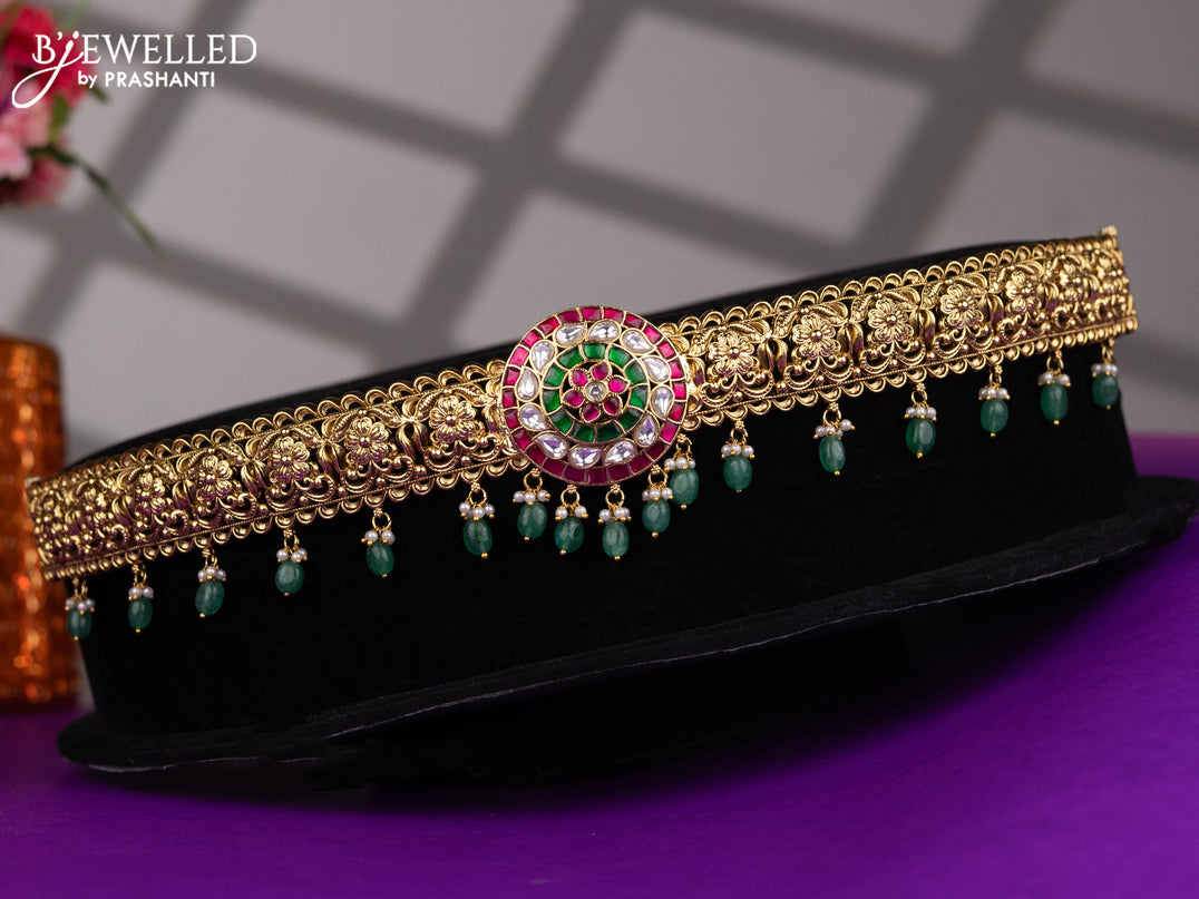 Antique hip belt floral design with kemp jadau kundan stones and pearl & mint green beads hangings