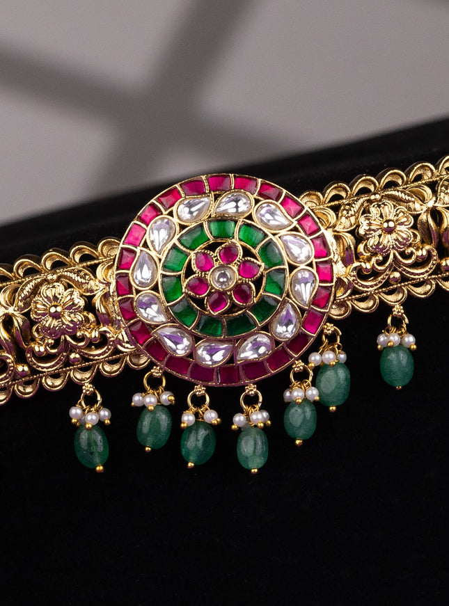 Antique hip belt floral design with kemp jadau kundan stones and pearl & mint green beads hangings