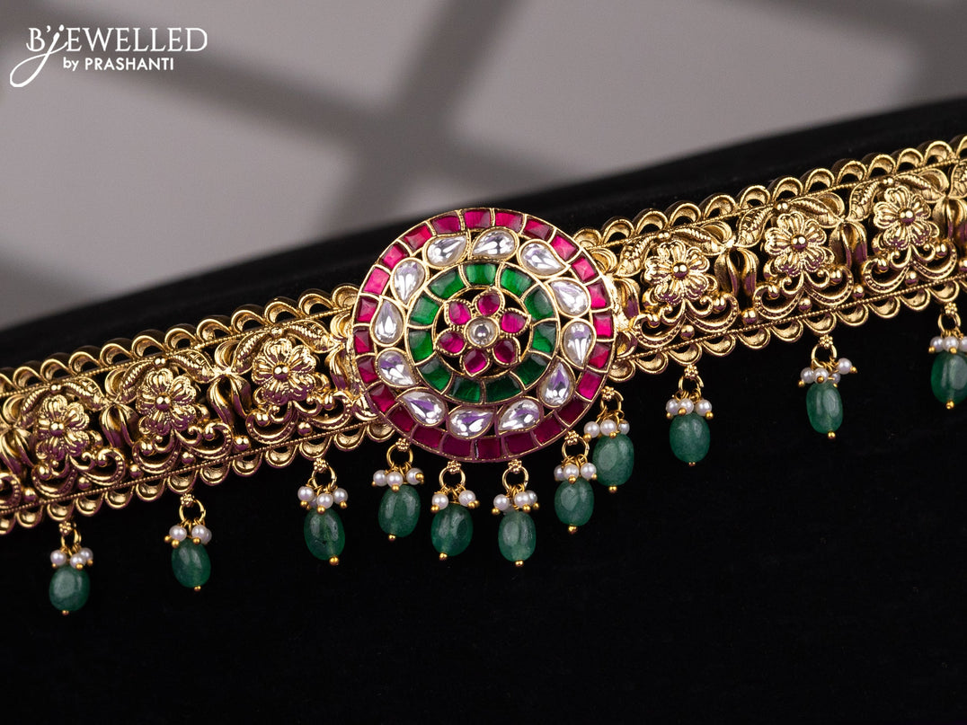 Antique hip belt floral design with kemp jadau kundan stones and pearl & mint green beads hangings