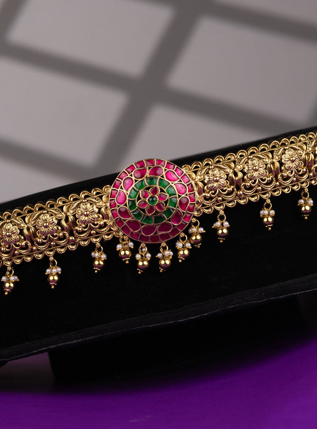 Antique hip belt floral design with kemp jadau stones and pearl & golden beads hangings
