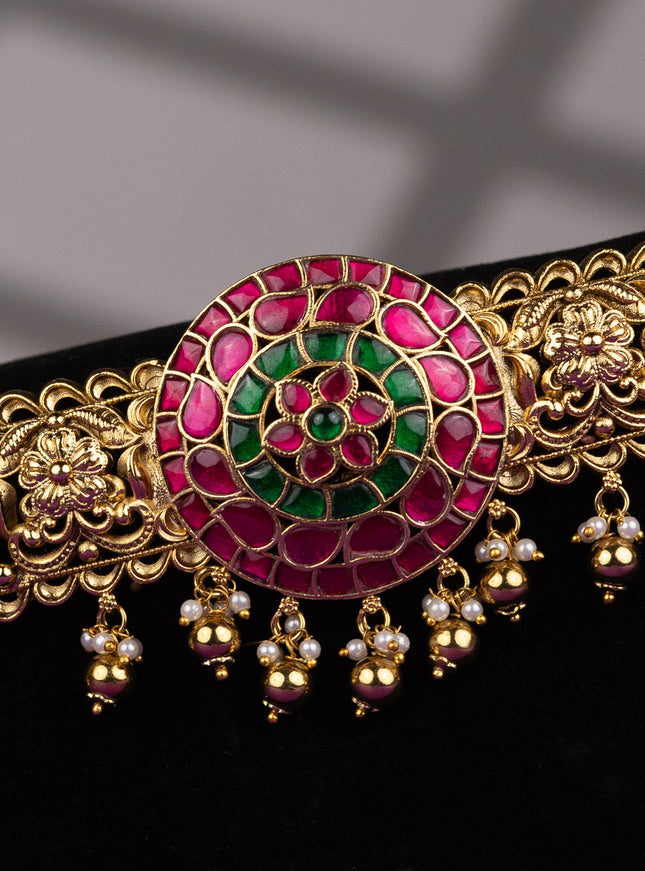 Antique hip belt floral design with kemp jadau stones and pearl & golden beads hangings