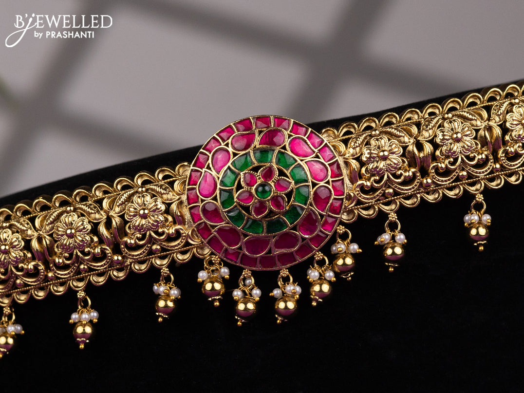 Antique hip belt floral design with kemp jadau stones and pearl & golden beads hangings