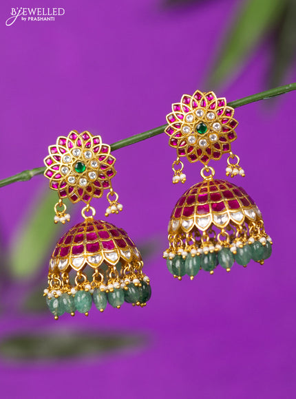 Jadau jhumka with kemp jadau kundan stones and mint green beads hangings
