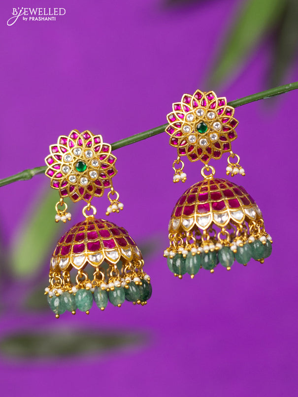 Jadau jhumka with kemp jadau kundan stones and mint green beads hangings