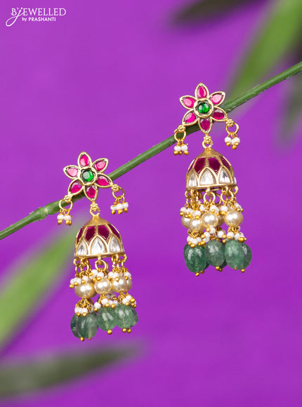 Jadau jhumka with kemp jadau kundan stones and mint green beads hangings
