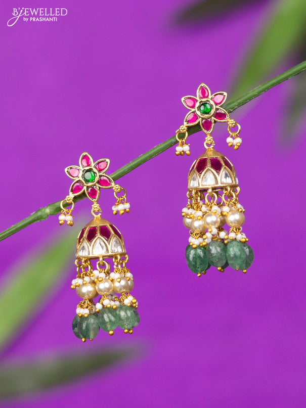 Jadau jhumka with kemp jadau kundan stones and mint green beads hangings