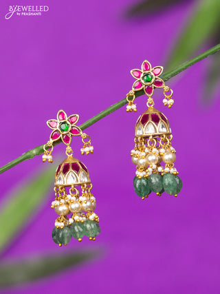 Jadau jhumka with kemp jadau kundan stones and mint green beads hangings