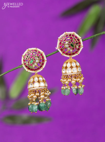 Jadau jhumka with kemp jadau kundan stones and mint green beads hangings