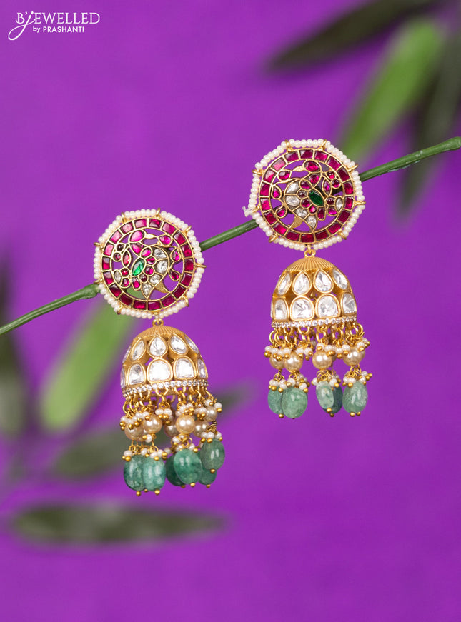Jadau jhumka with kemp jadau kundan stones and mint green beads hangings