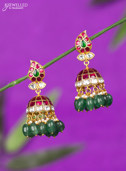 Jadau jhumka with kemp jadau kundan stones and green beads hangings