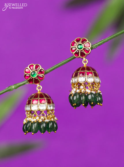 Jadau jhumka with kemp jadau kundan stones and green beads hangings