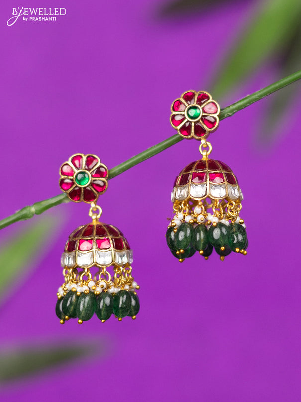 Jadau jhumka with kemp jadau kundan stones and green beads hangings