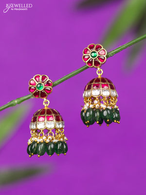 Jadau jhumka with kemp jadau kundan stones and green beads hangings
