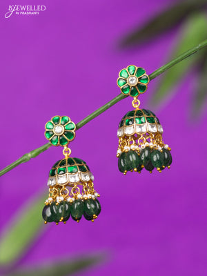 Jadau jhumka with green jadau kundan stones and green beads hangings