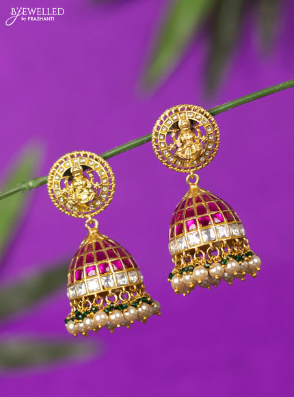 Jadau screw type jhumka lakshmi design with pink jadau kundan stones and pearl hangings