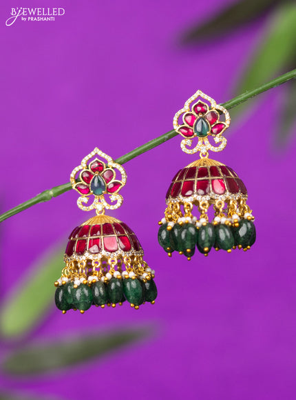 Jadau jhumka with kemp jadau & cz stones and green beads hangings