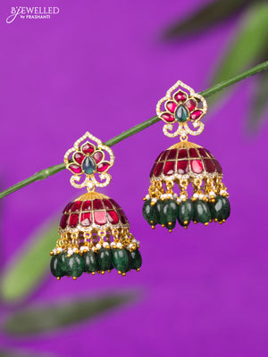 Jadau jhumka with kemp jadau & cz stones and green beads hangings