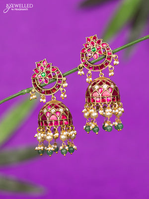 Jadau screw type jhumka with kemp jadau kundan stones and mint green beads hangings