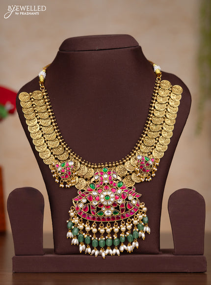 Jadau necklace lakshmi kasu design with kemp jadau kundan stones and pearl & mint green beads hangings without earrings