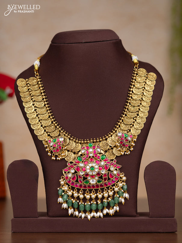Jadau necklace lakshmi kasu design with kemp jadau kundan stones and pearl & mint green beads hangings without earrings