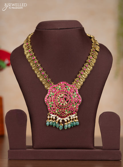 Jadau necklace lakshmi kasu design with kemp jadau kundan stones and pearl & mint green beads hangings without earrings