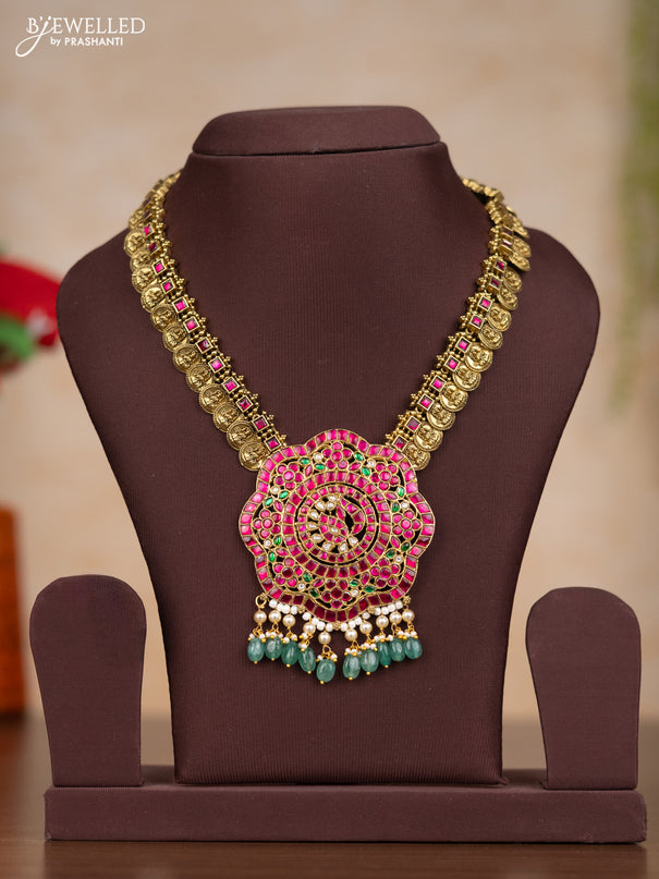Jadau necklace lakshmi kasu design with kemp jadau kundan stones and pearl & mint green beads hangings without earrings