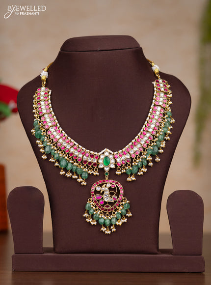 Jadau necklace with kemp jadau kundan stones and pearl & green beads hangings without earrings