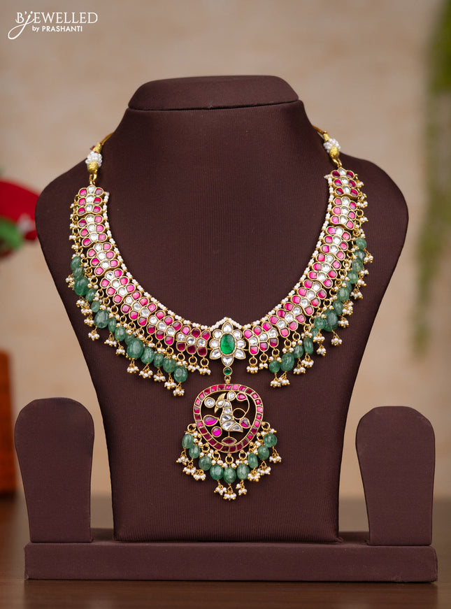 Jadau necklace with kemp jadau kundan stones and pearl & green beads hangings without earrings