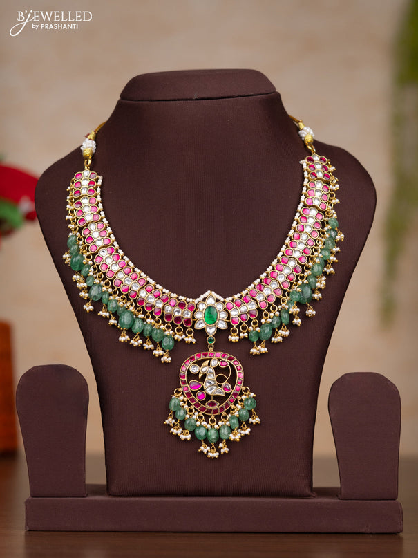Jadau necklace with kemp jadau kundan stones and pearl & green beads hangings without earrings
