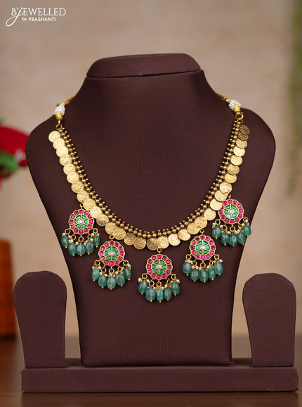 Jadau necklace with kemp jadau kundan stones and pearl & green beads hangings without earrings