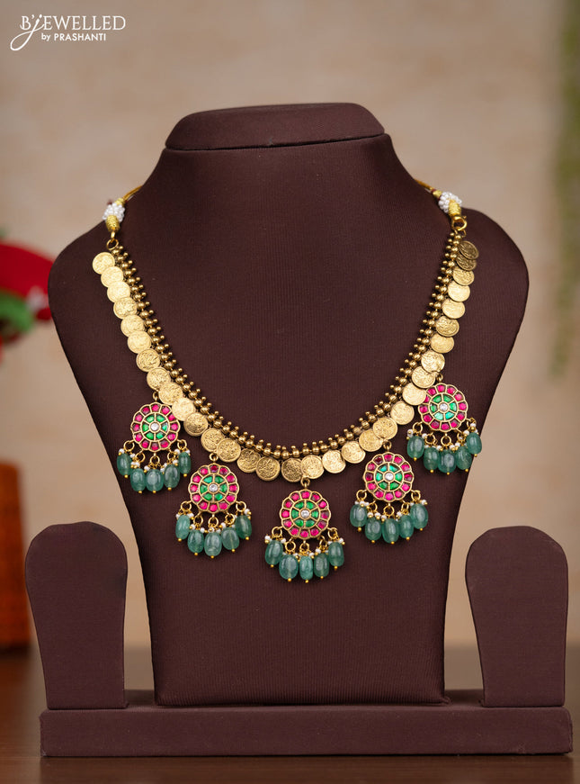 Jadau necklace with kemp jadau kundan stones and pearl & green beads hangings without earrings