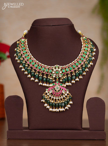 Jadau necklace with kemp jadau kundan stones and pearl & green beads hangings without earrings