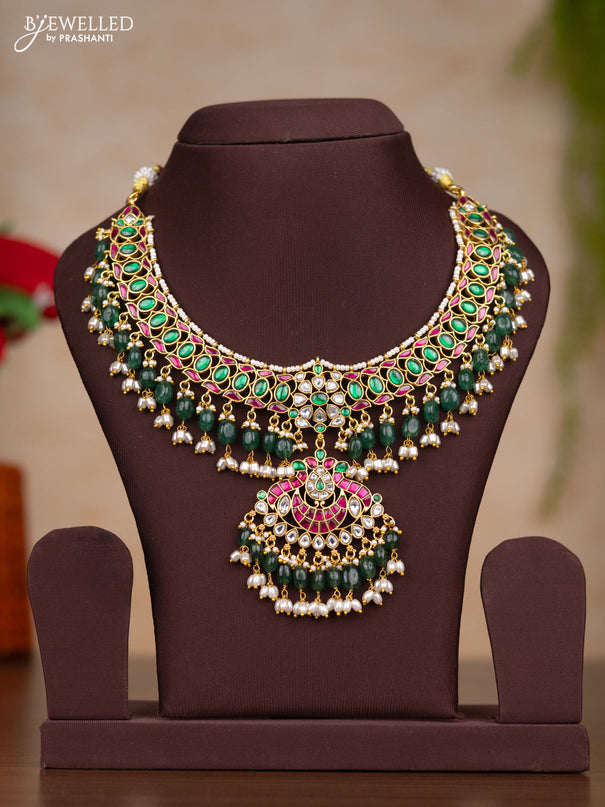 Jadau necklace with kemp jadau kundan stones and pearl & green beads hangings without earrings