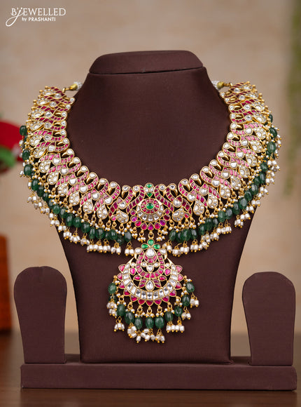 Jadau necklace with kemp jadau kundan stones and pearl & green beads hangings without earrings