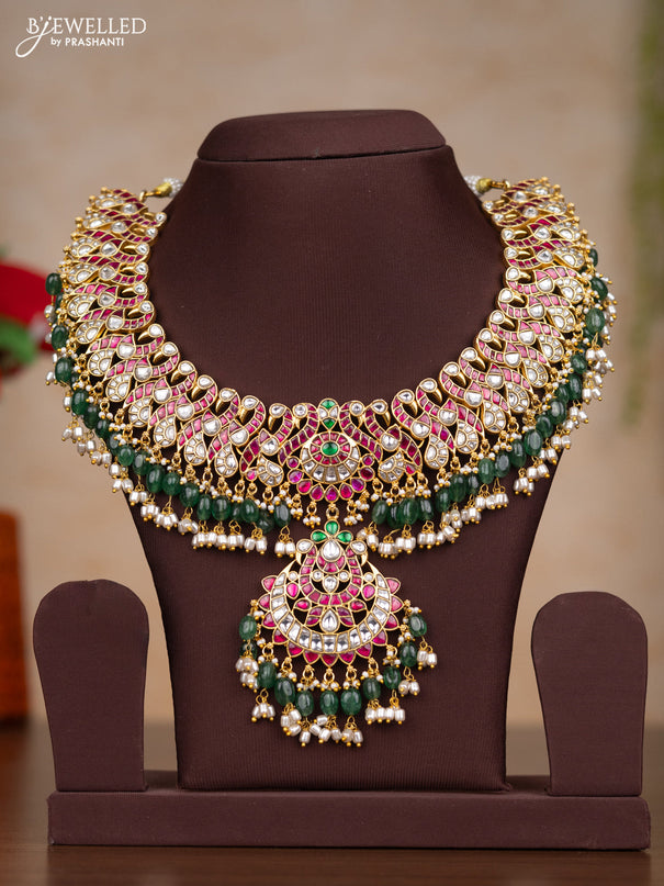 Jadau necklace with kemp jadau kundan stones and pearl & green beads hangings without earrings