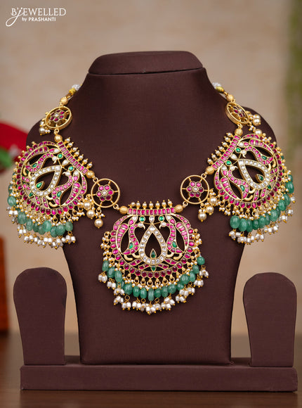 Jadau necklace with kemp jadau kundan stones and pearl & mint green beads hangings without earrings