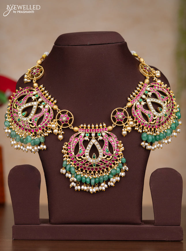 Jadau necklace with kemp jadau kundan stones and pearl & mint green beads hangings without earrings