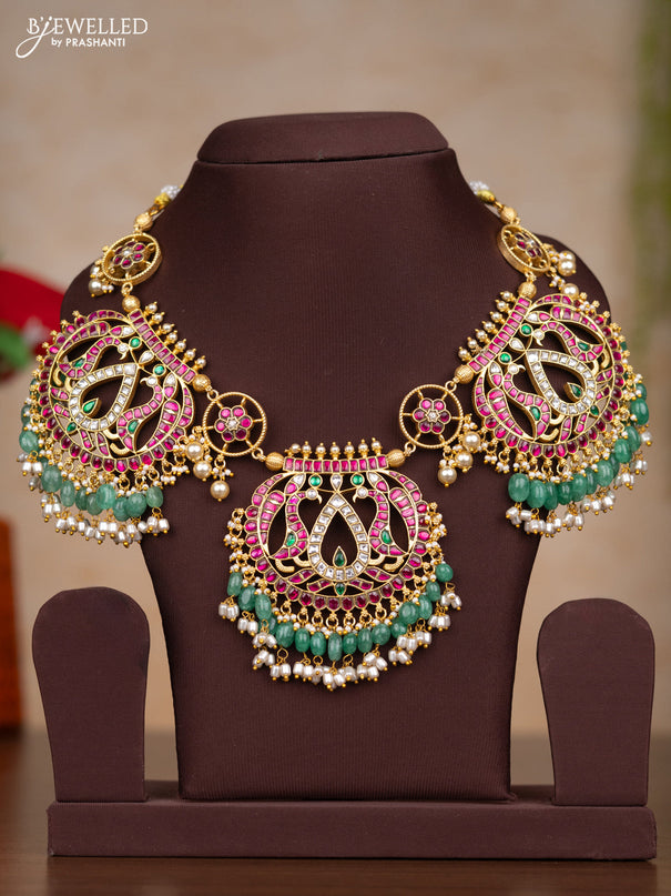 Jadau necklace with kemp jadau kundan stones and pearl & mint green beads hangings without earrings