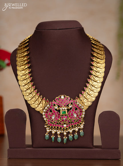 Jadau necklace lakshmi kasu design with kemp jadau kundan stones and pearl & mint green beads hangings without earrings