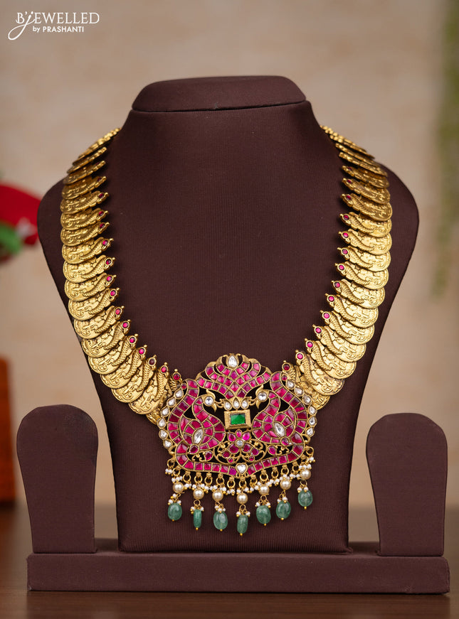 Jadau necklace lakshmi kasu design with kemp jadau kundan stones and pearl & mint green beads hangings without earrings