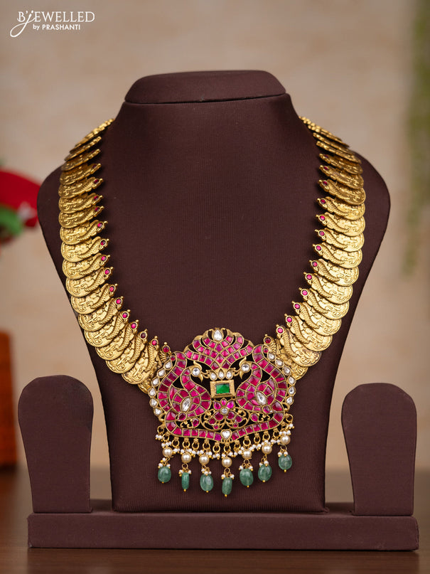 Jadau necklace lakshmi kasu design with kemp jadau kundan stones and pearl & mint green beads hangings without earrings
