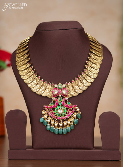 Jadau necklace lakshmi kasu design with kemp jadau kundan stones and pearl & mint green beads hangings without earrings